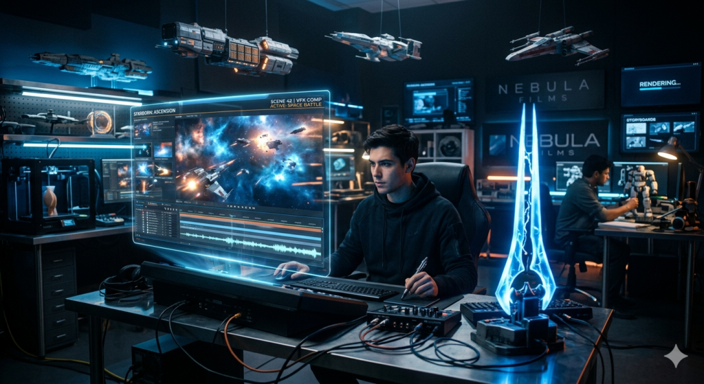 Star Wars Movie FX Maker Codes guide with futuristic sci-fi movie editing workspace and digital special effects.