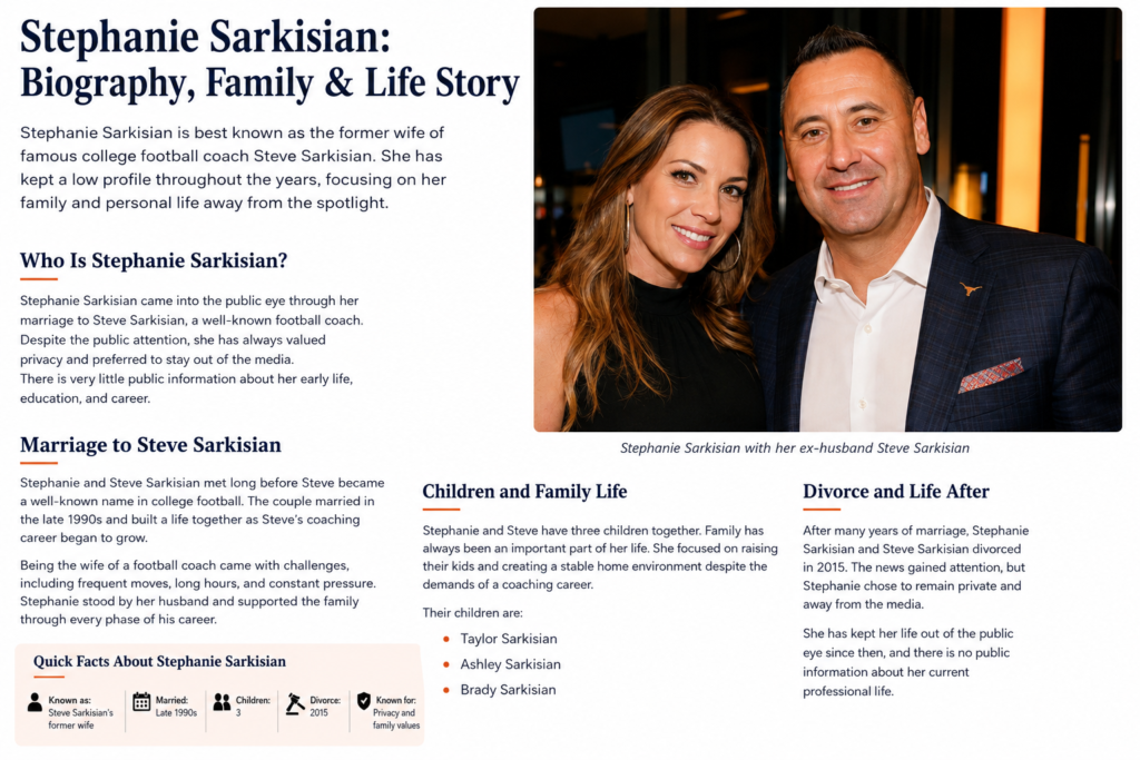 Stephanie Sarkisian biography featured image showing her family background, marriage to Steve Sarkisian, children, personal life, and key facts in a magazine-style layout.