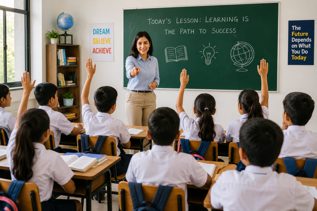 Teacher teaching students in a modern classroom with raised hands and an interactive learning environment.